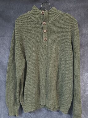 Bass Olive Green Ribbed Turtleneck Sweater with Button Placket